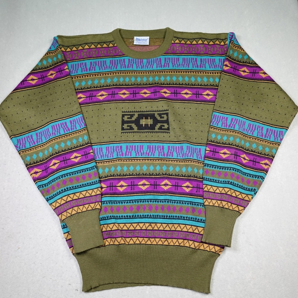 Vintage Meister Sweater Mens Large Green Aztec Geometric Knit Pullover 80s